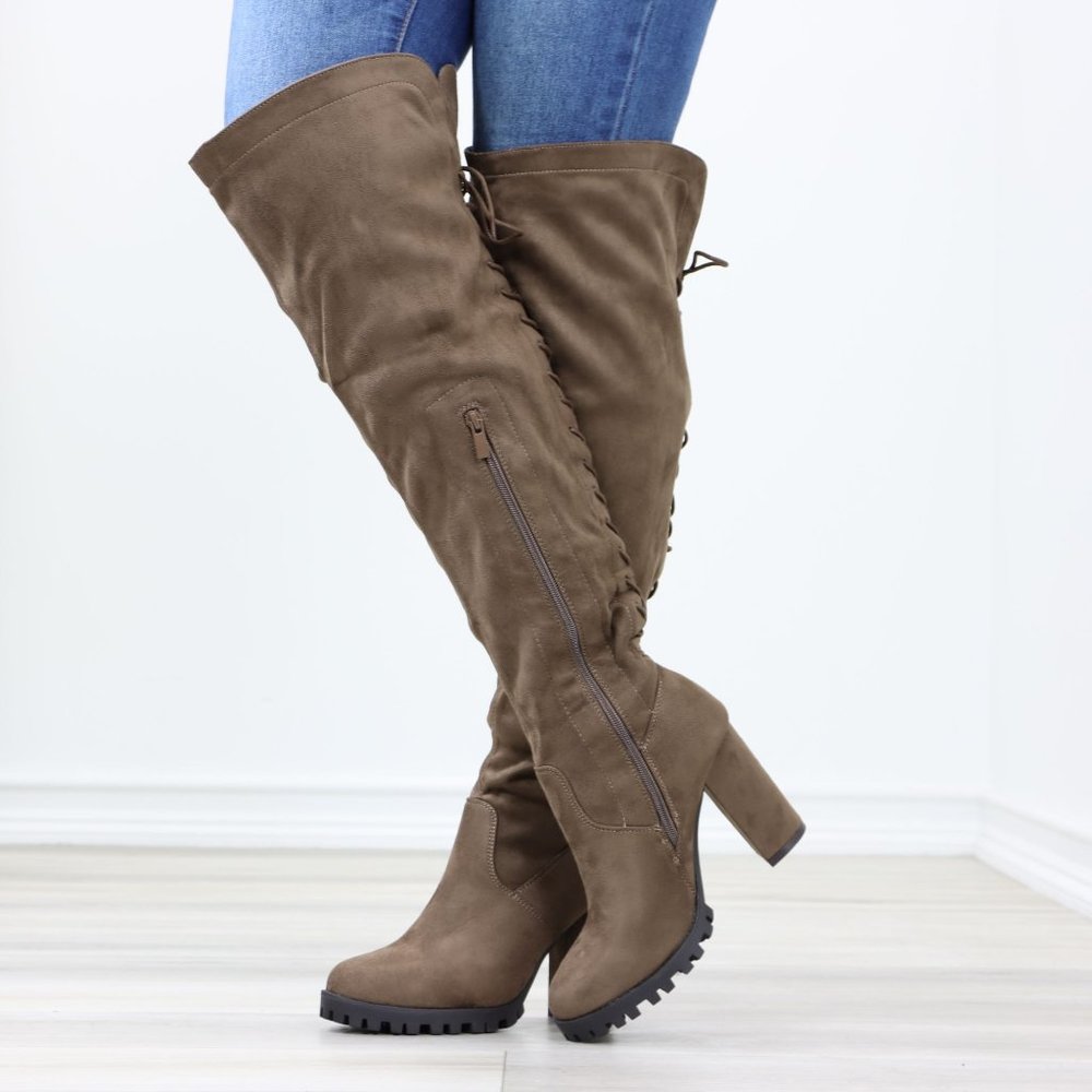 Lace-Up Back Taupe Faux Suede Thigh High Over The Knee Lug Block Heeled Boot - Picture 9 of 14